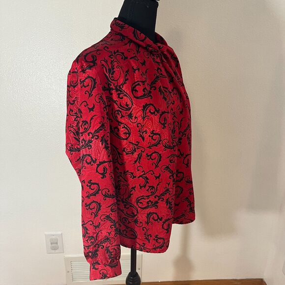 Vintage 80s Pyke Limited Red & Black Damask Flourish Print Blouse Sz.14 - Picture 4 of 9
